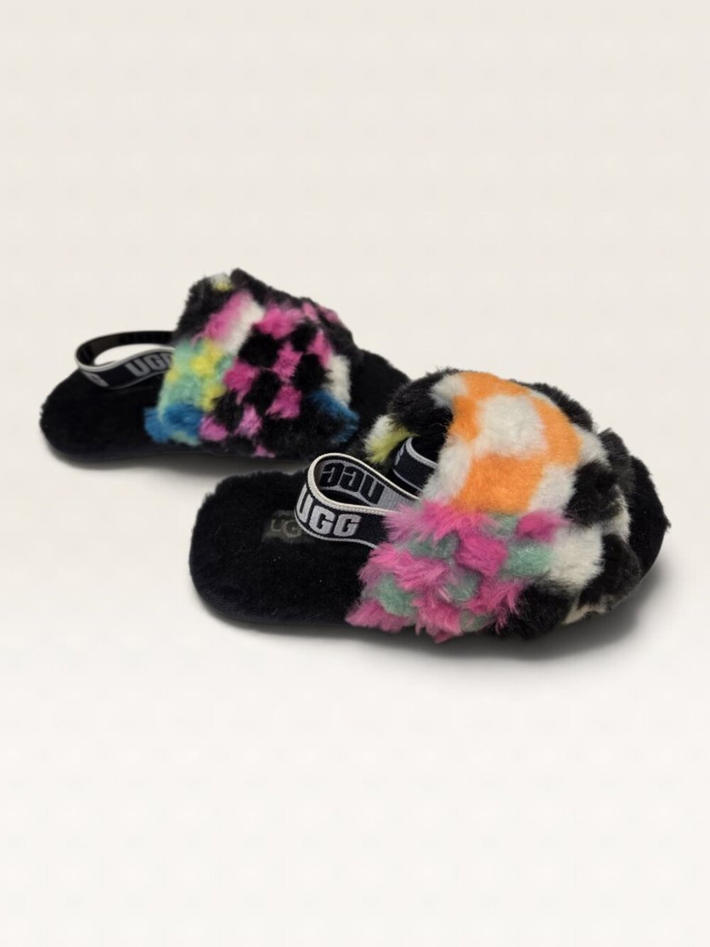UGG Fluff Yeah Slide Checks Black Multi Toddler 10 Fuzzy Slippers 1130391T